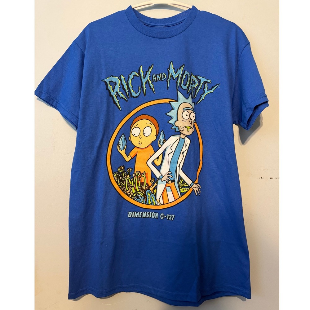 Rick and Morty Dimension Blue Graphic T-Shirt Medium Freeze Adult Swim ‎  0245